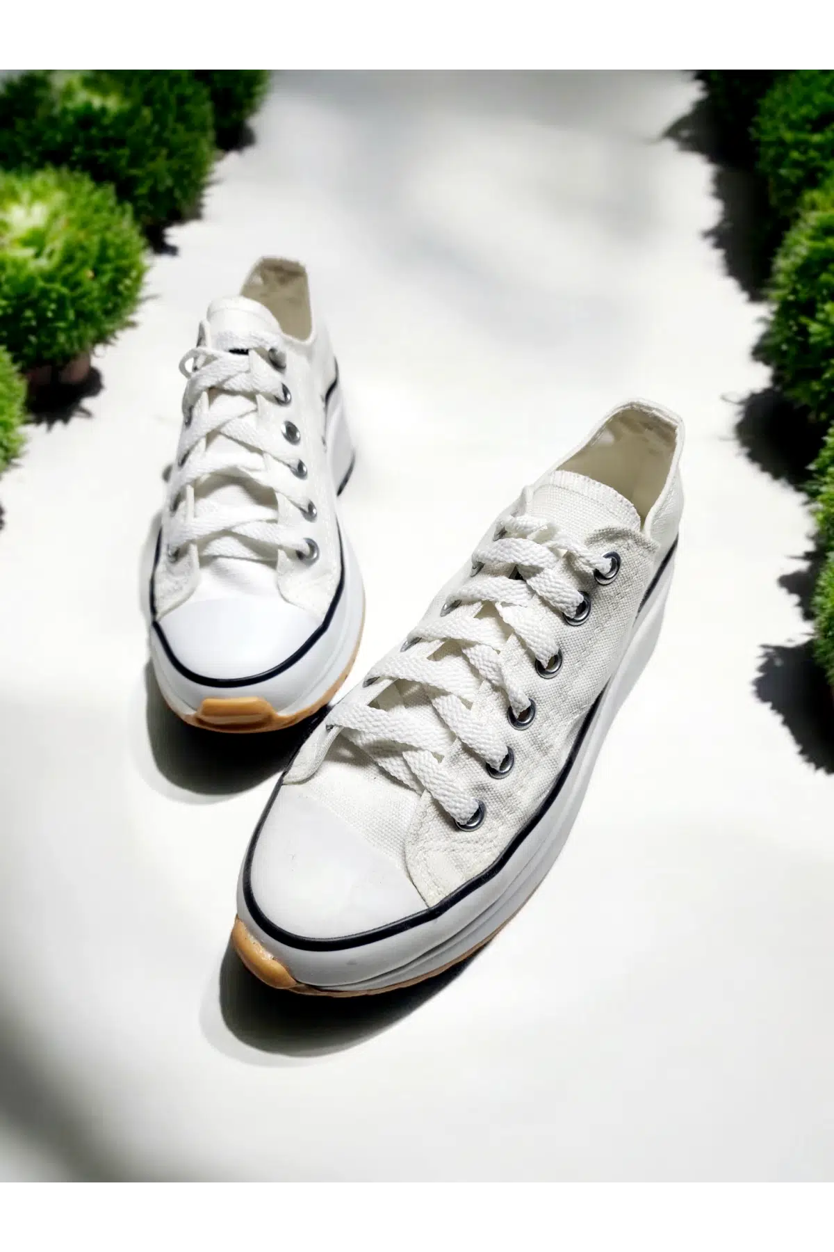Günlük Kalın Düz Kaydırmaz Taban Bağcıklı Sneaker Spor Ayakkabı - ekru