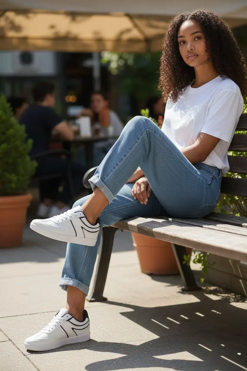 Kadın Kaydırnaz Kauçuk Taban Sneaker Spor Ayakkabı - BEYAZ-SİYAH-BRB