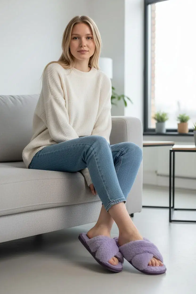 Sessiz Taban Çapraz Kışlık Peluş Terlik - Lila